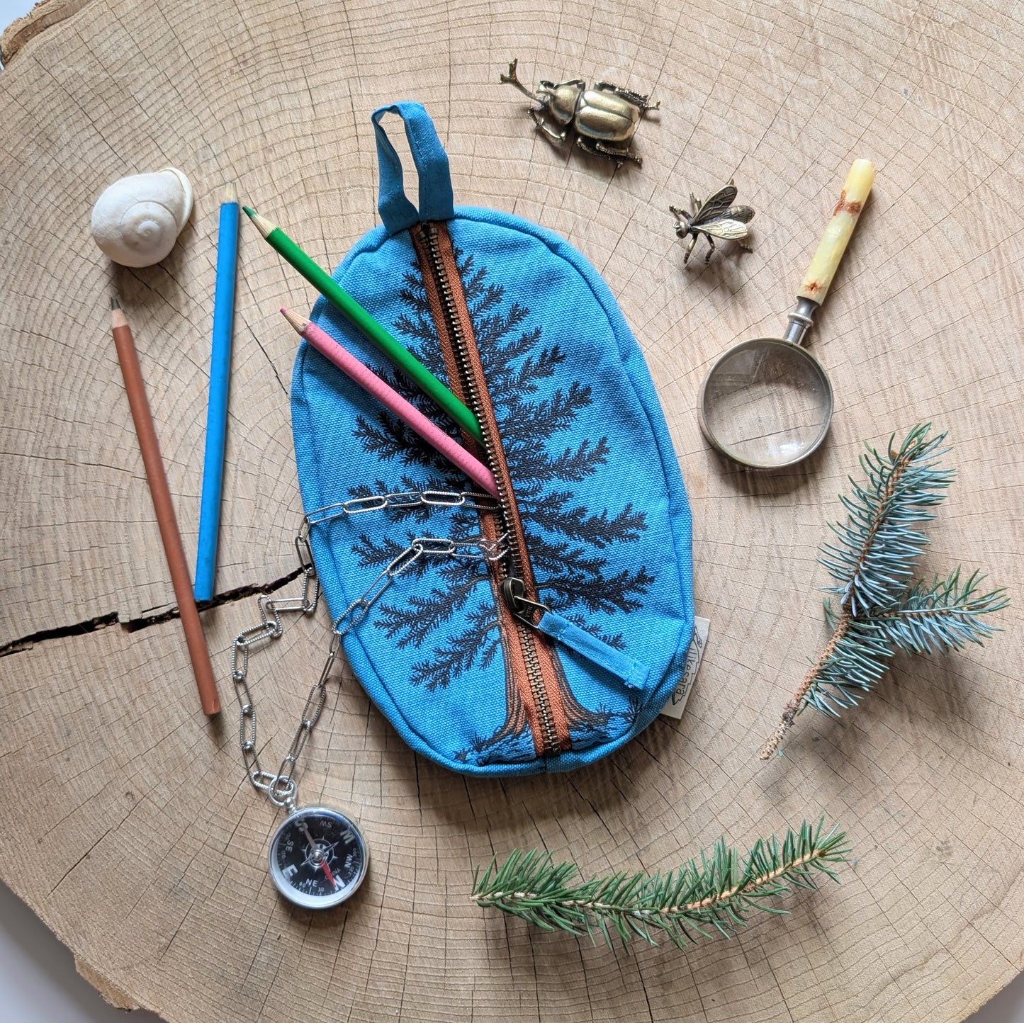 zippered pouch | eastern white pine - blue tree/forest pencil, supply, makeup bag with waterproof lining
