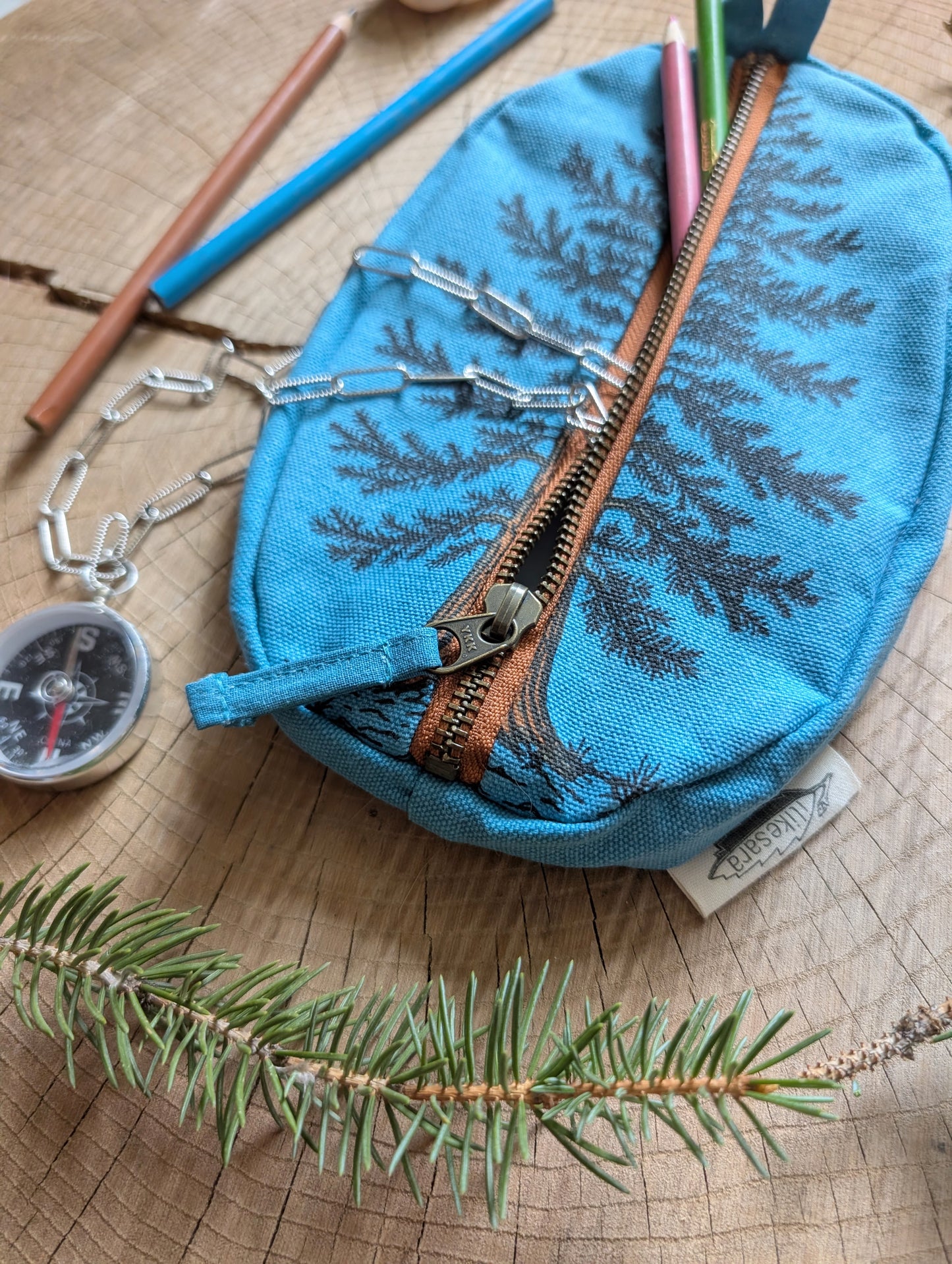 zippered pouch | eastern white pine - blue tree/forest pencil, supply, makeup bag with waterproof lining