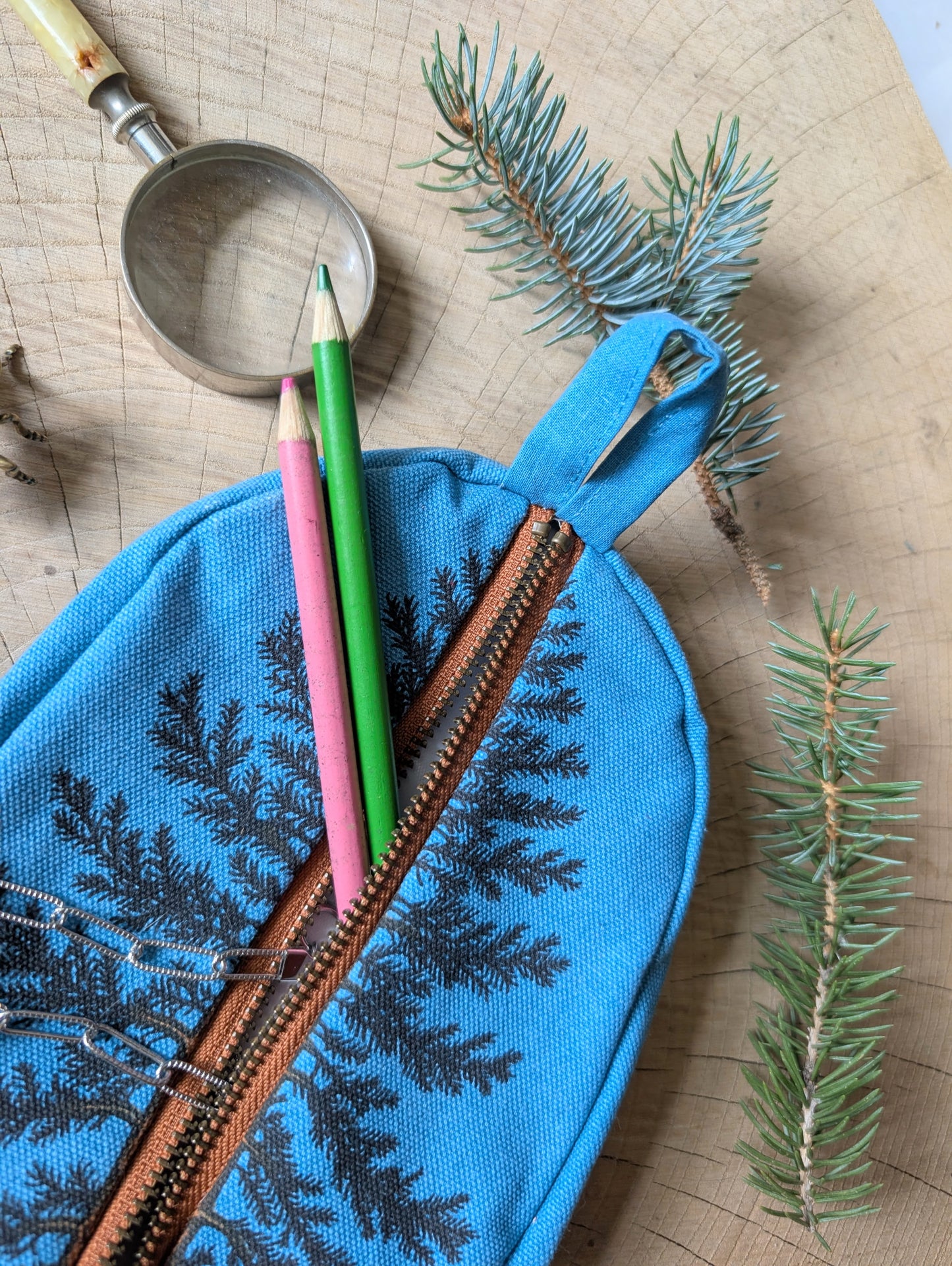 zippered pouch | eastern white pine - blue tree/forest pencil, supply, makeup bag with waterproof lining