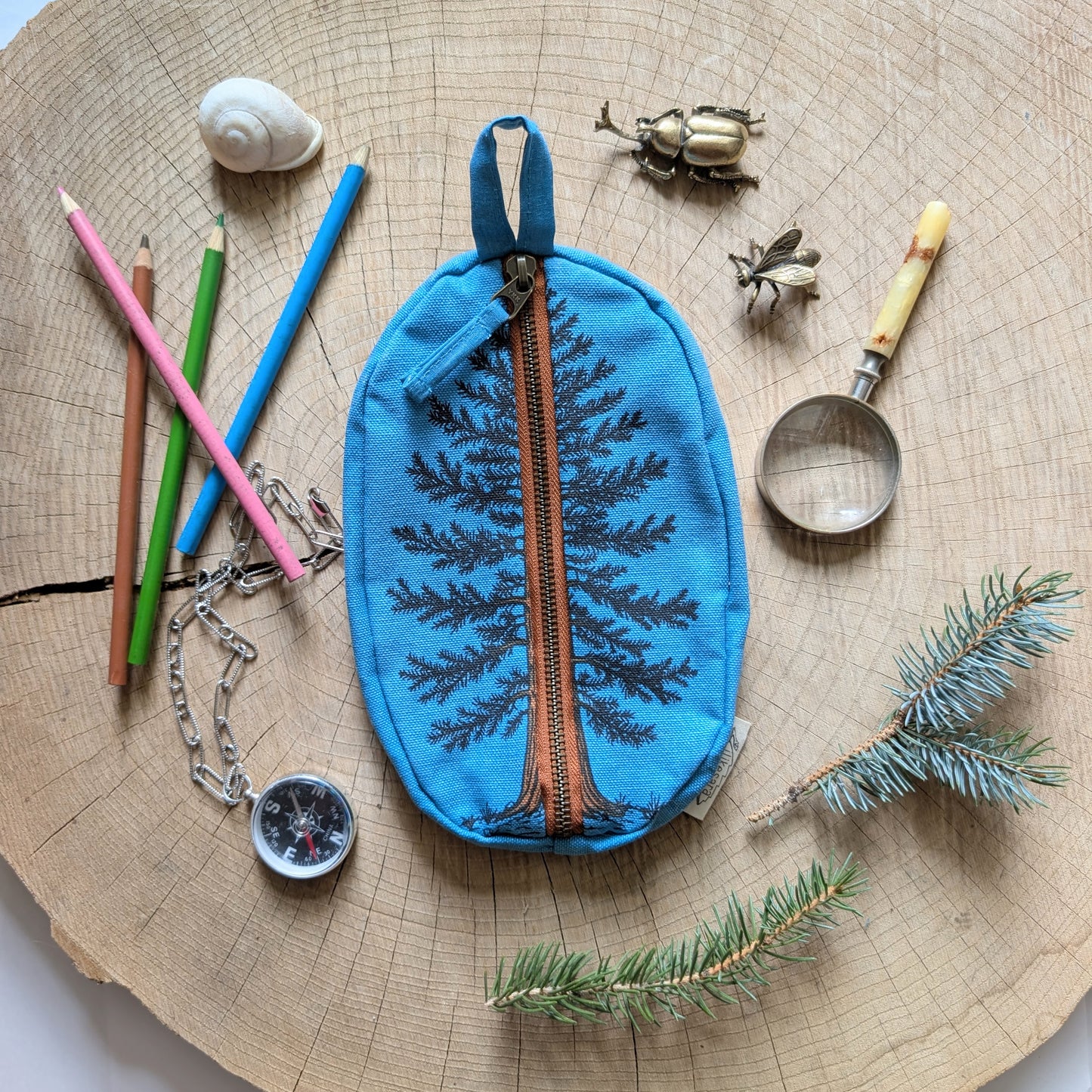 zippered pouch | eastern white pine - blue tree/forest pencil, supply, makeup bag with waterproof lining