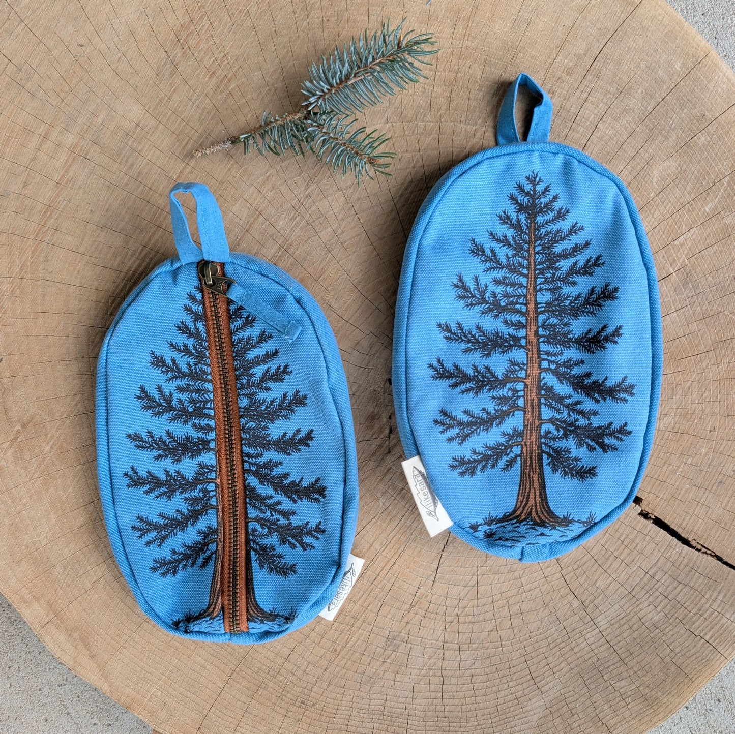 zippered pouch | eastern white pine - blue tree/forest pencil, supply, makeup bag with waterproof lining