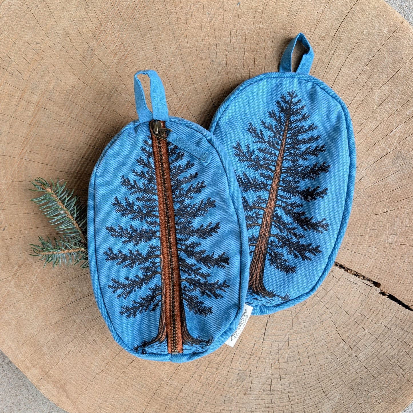 zippered pouch | eastern white pine - blue tree/forest pencil, supply, makeup bag with waterproof lining