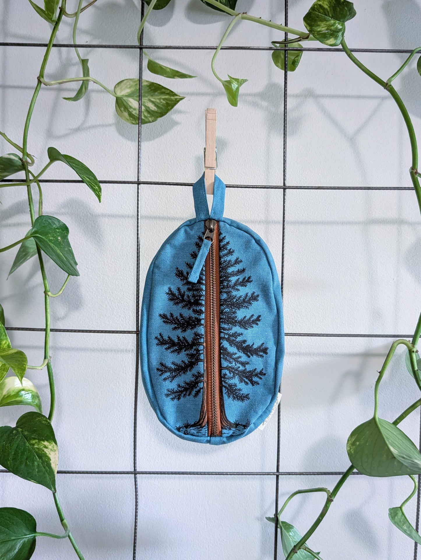 zippered pouch | eastern white pine - blue tree/forest pencil, supply, makeup bag with waterproof lining