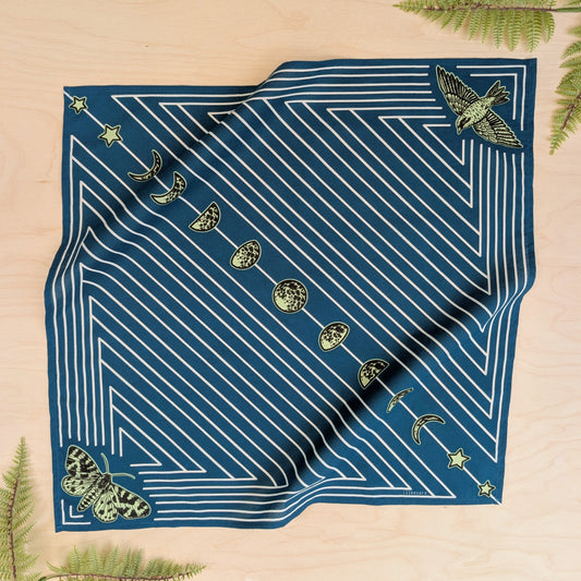 bandana | night hunt - dusk blue bird & moth celestial scarf