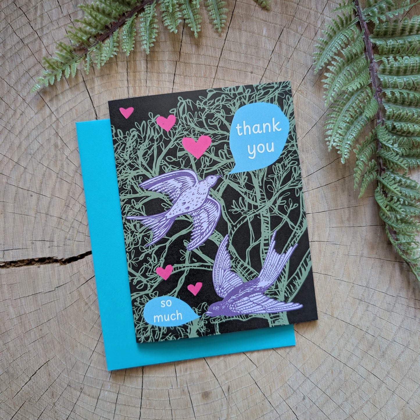 greeting card | thank you forest birds & hearts with teal envelope