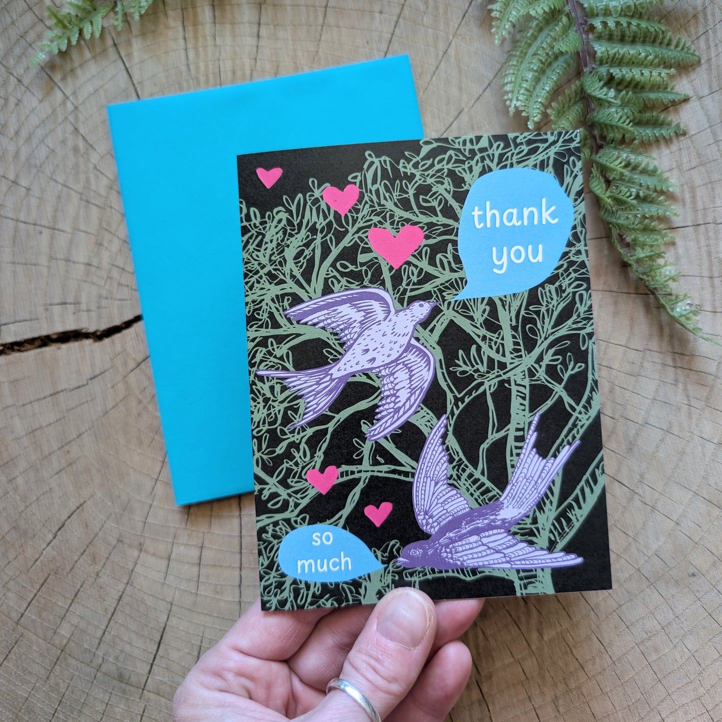greeting card | thank you forest birds & hearts with teal envelope