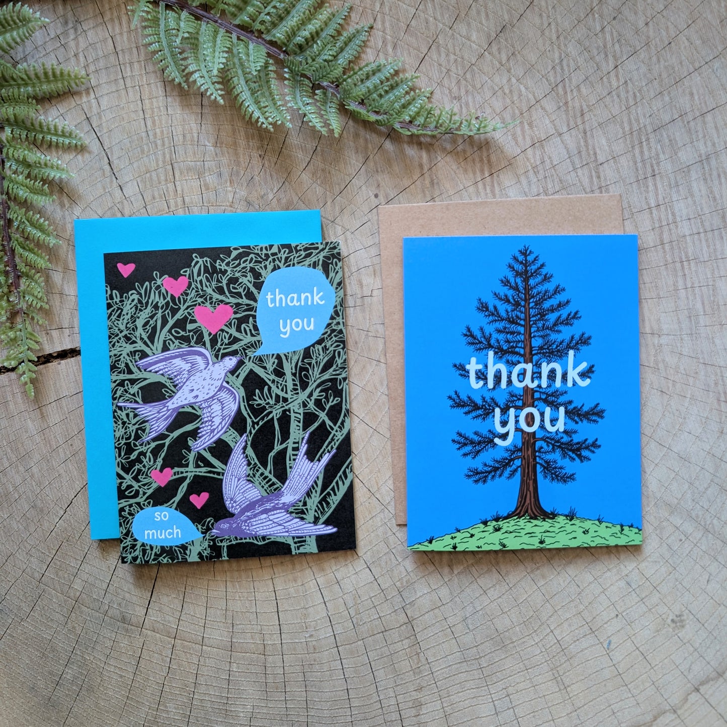 greeting card | thank you forest birds & hearts with teal envelope