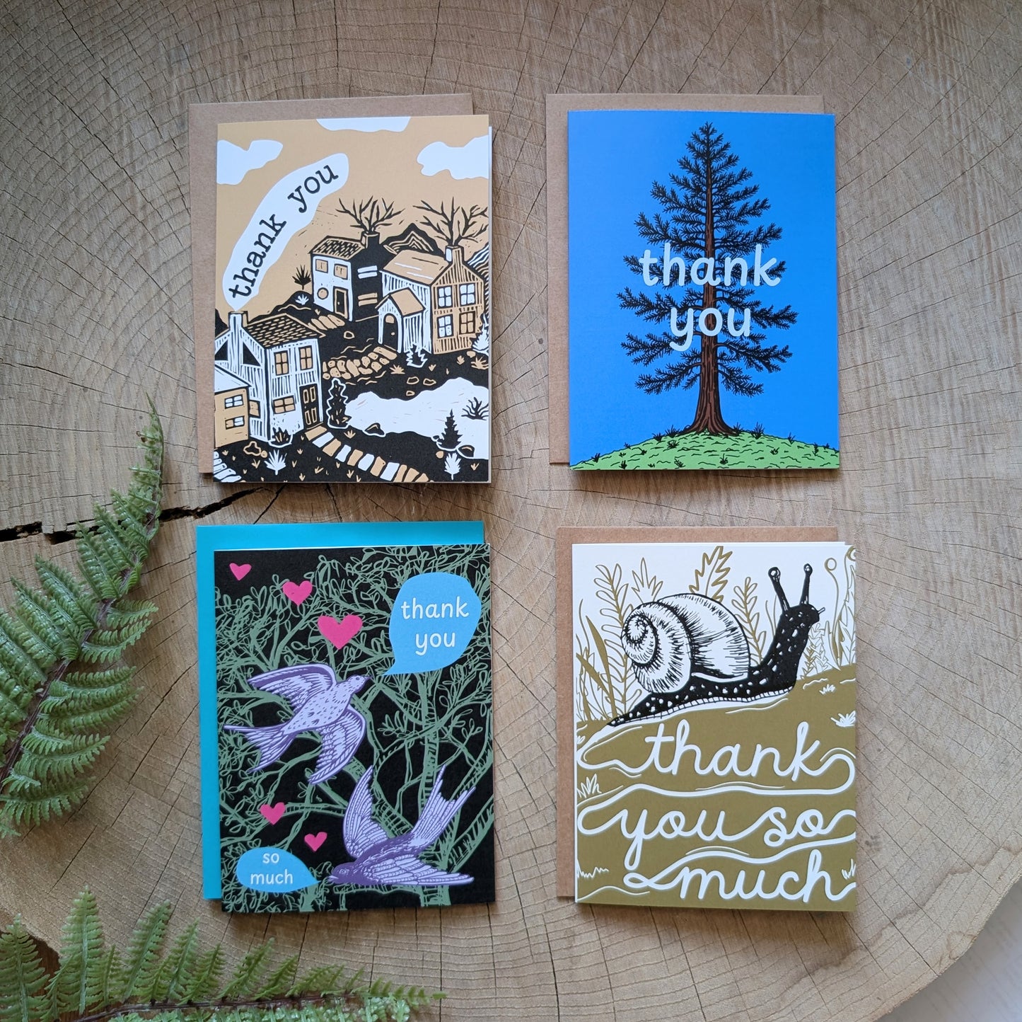 greeting card | thank you forest birds & hearts with teal envelope