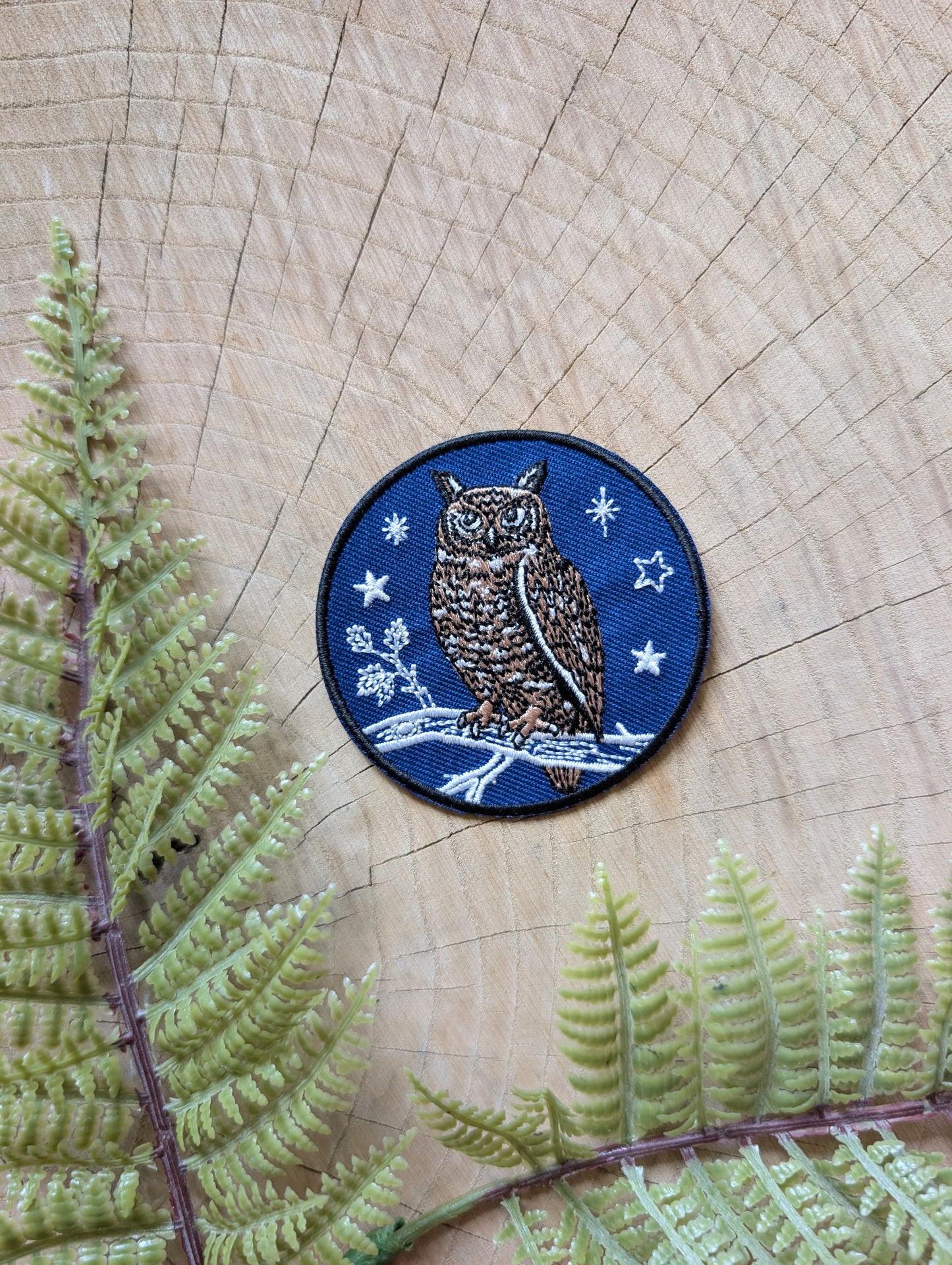 iron-on patch | night owl - embroidered bird on branch with stars blue applique