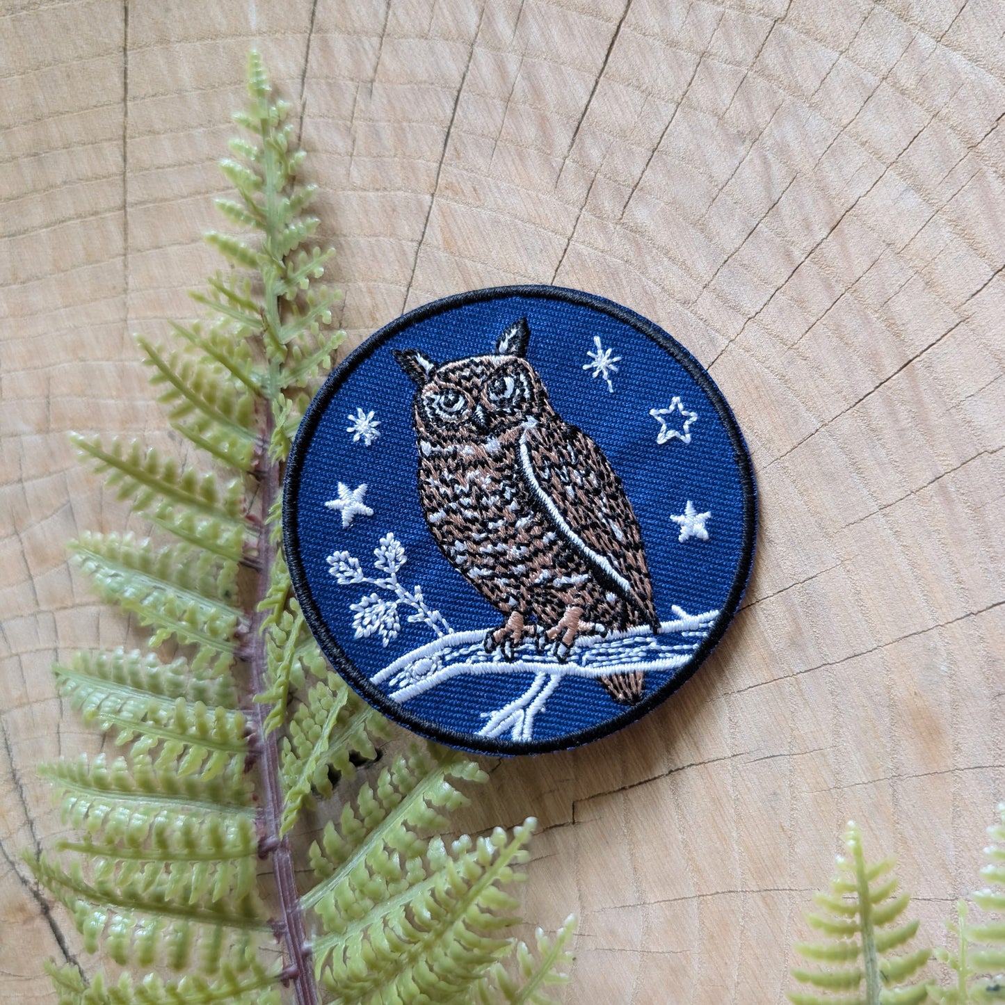 iron-on patch | night owl - embroidered bird on branch with stars blue applique