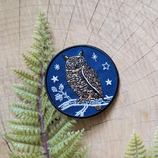 iron-on patch | night owl - embroidered bird on branch with stars blue applique