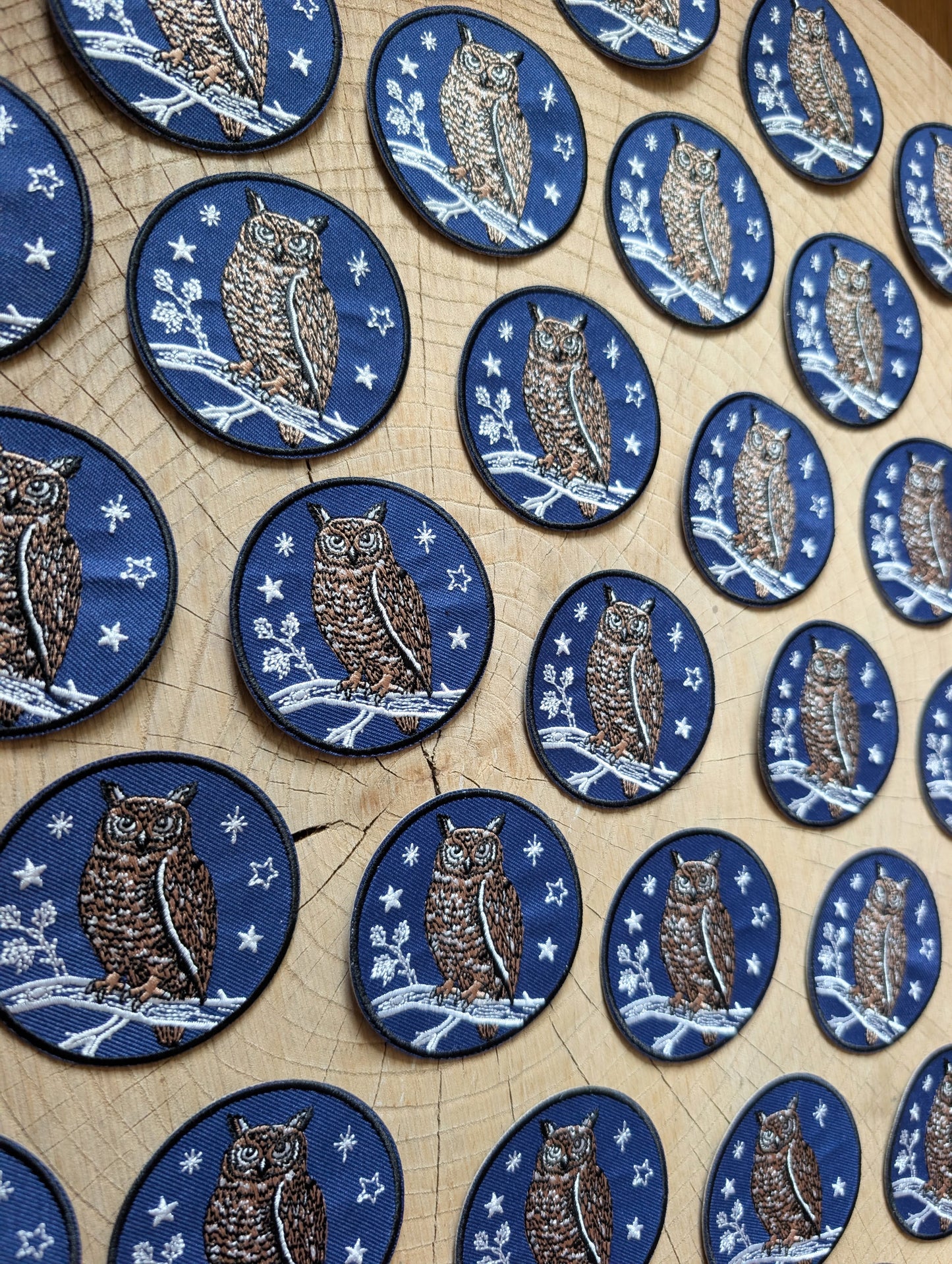 iron-on patch | night owl - embroidered bird on branch with stars blue applique