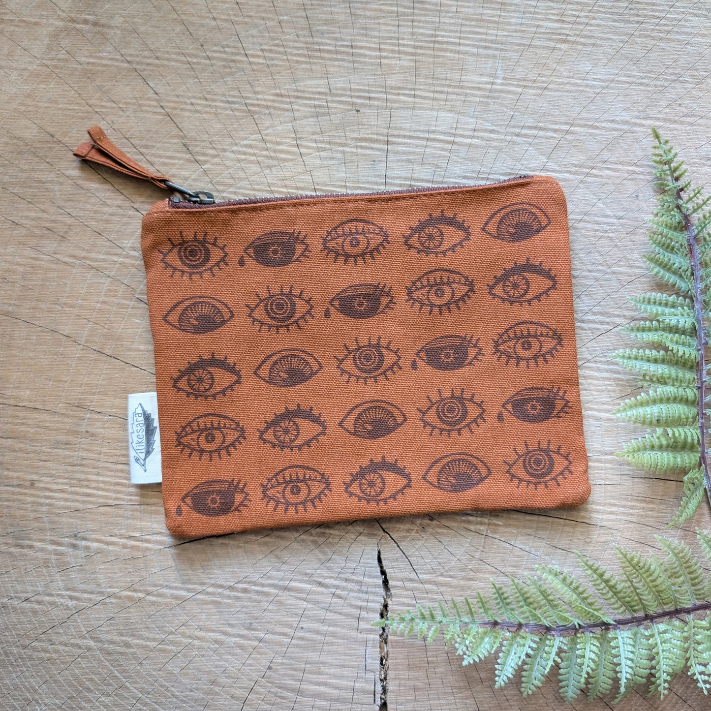 zippered pouch | eyeball - rust orange eye blockprint pencil, supply, makeup bag with waterproof lining