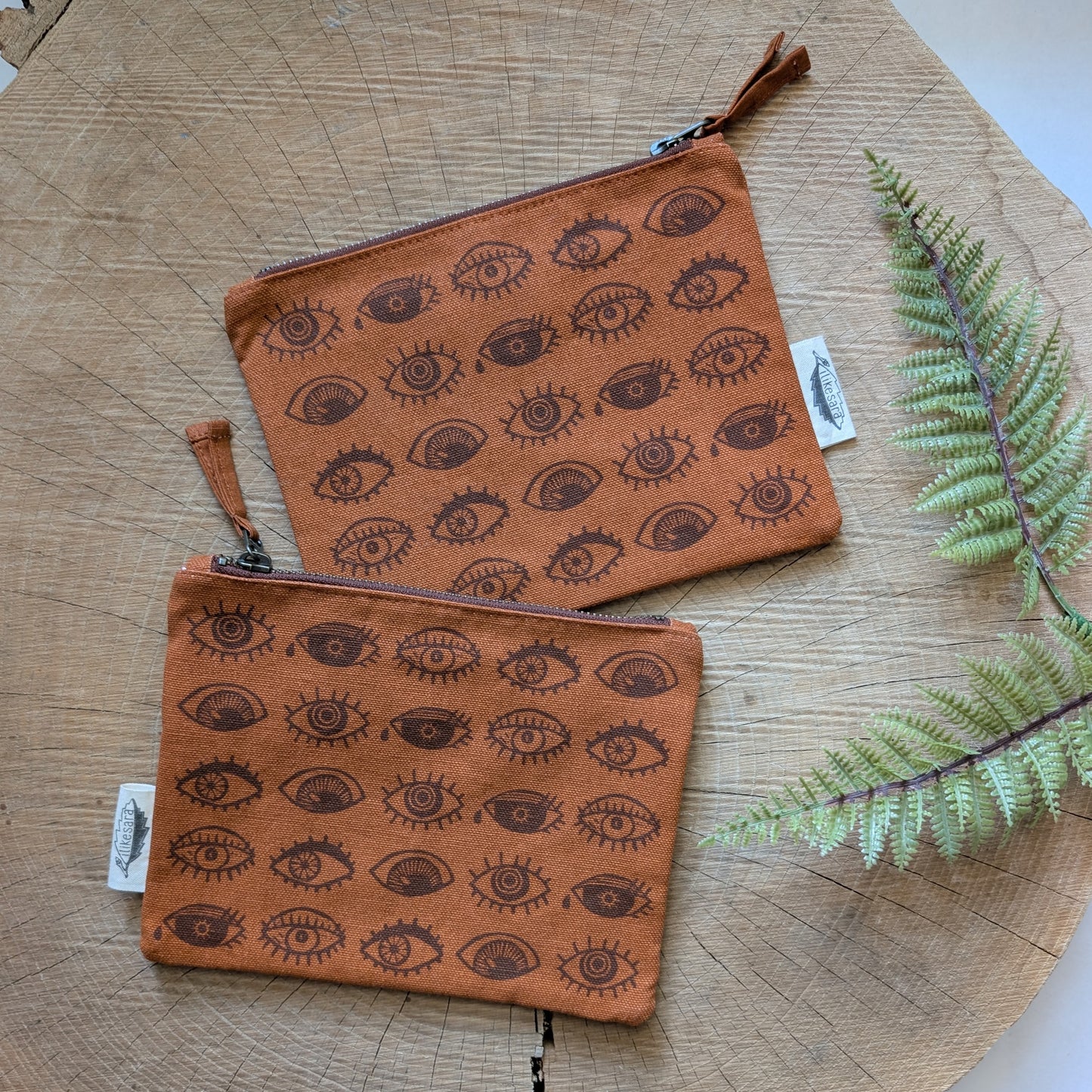 zippered pouch | eyeball - rust orange eye blockprint pencil, supply, makeup bag with waterproof lining