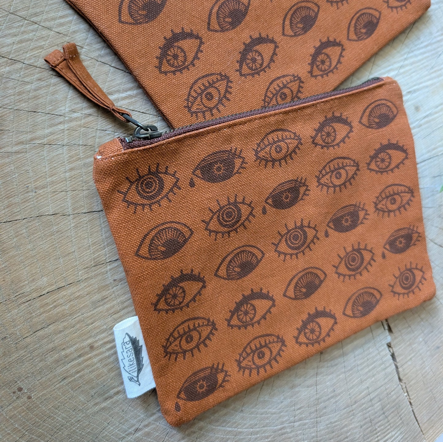 zippered pouch | eyeball - rust orange eye blockprint pencil, supply, makeup bag with waterproof lining