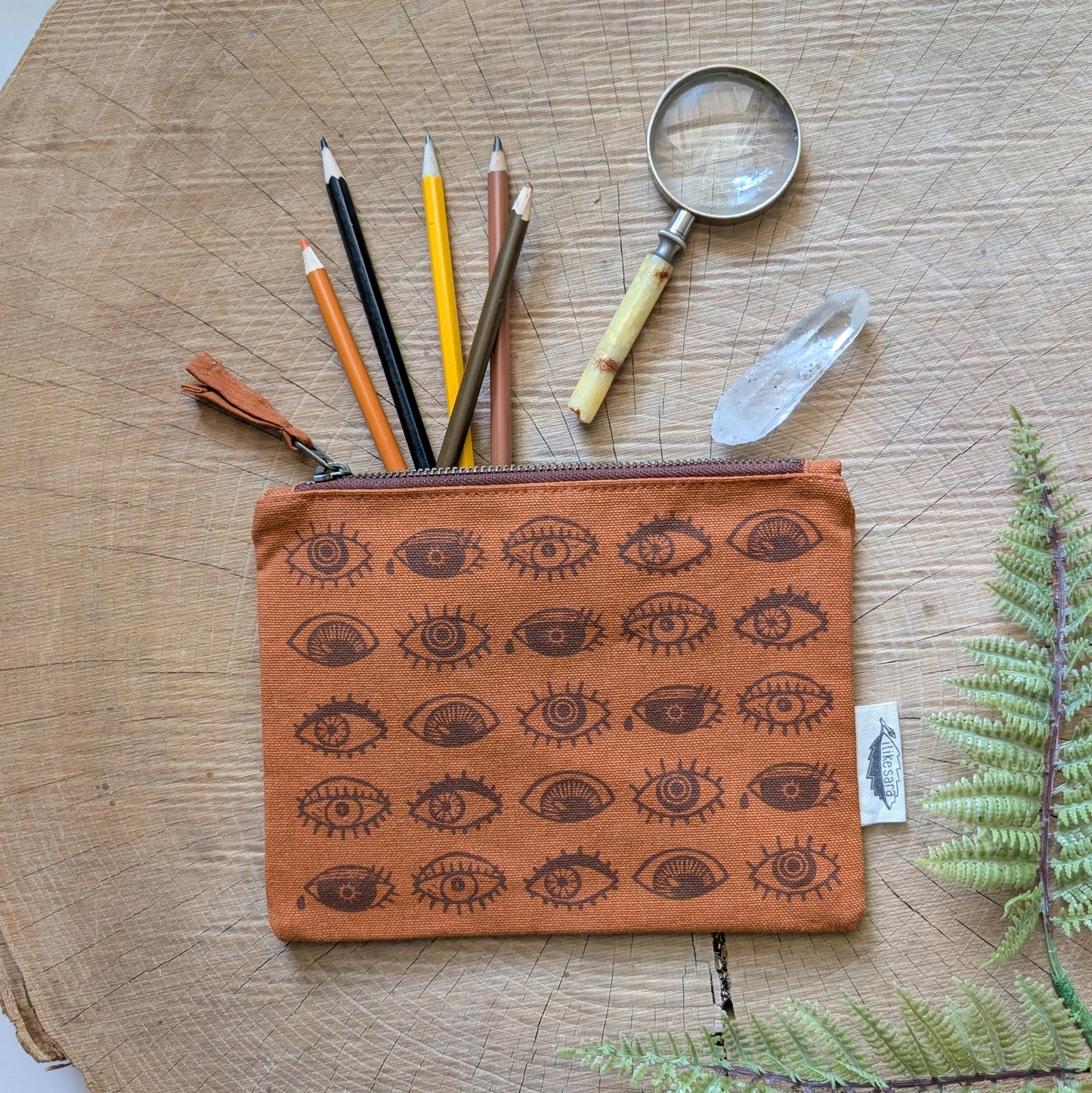 zippered pouch | eyeball - rust orange eye blockprint pencil, supply, makeup bag with waterproof lining