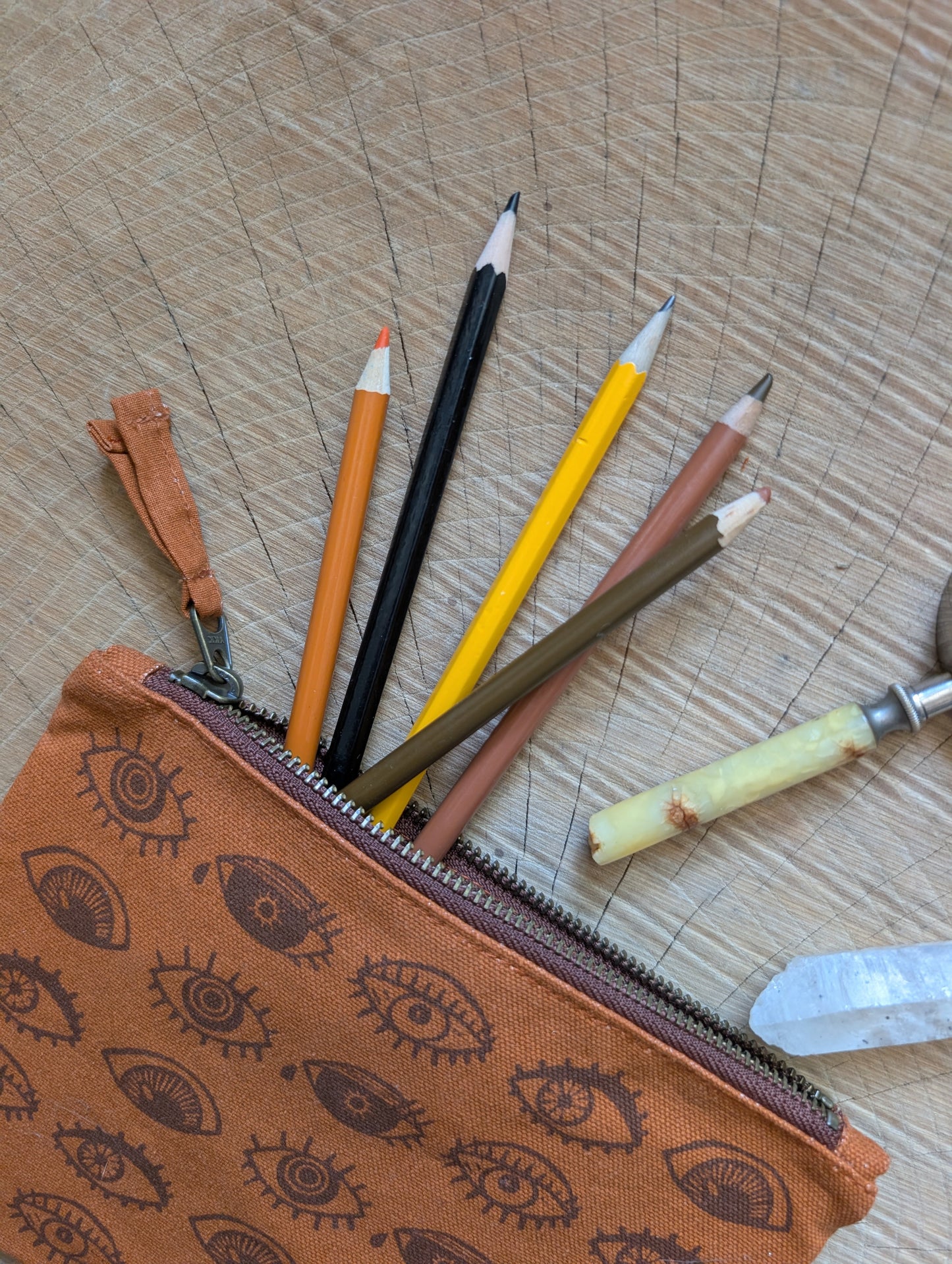 zippered pouch | eyeball - rust orange eye blockprint pencil, supply, makeup bag with waterproof lining