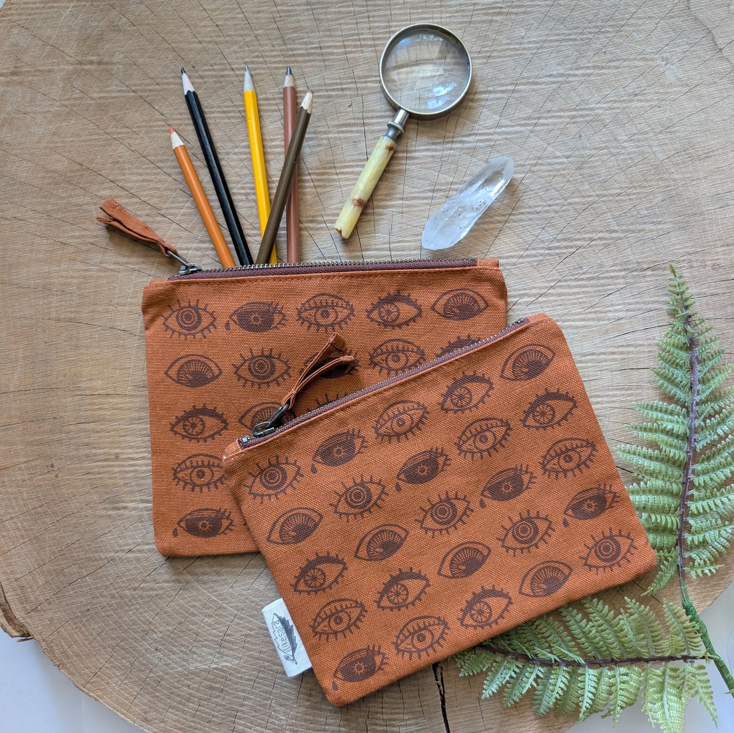 zippered pouch | eyeball - rust orange eye blockprint pencil, supply, makeup bag with waterproof lining