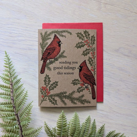 greeting card | good tidings cardinals - Christmas holiday winter birds
