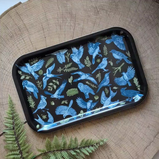 birch wood tray | night birds - black 13" x 8.5" dishwasher safe