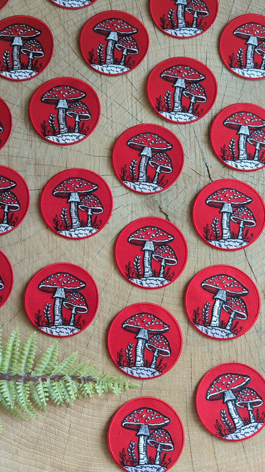 iron-on patch | fly agaric mushroom - 2.5" round red