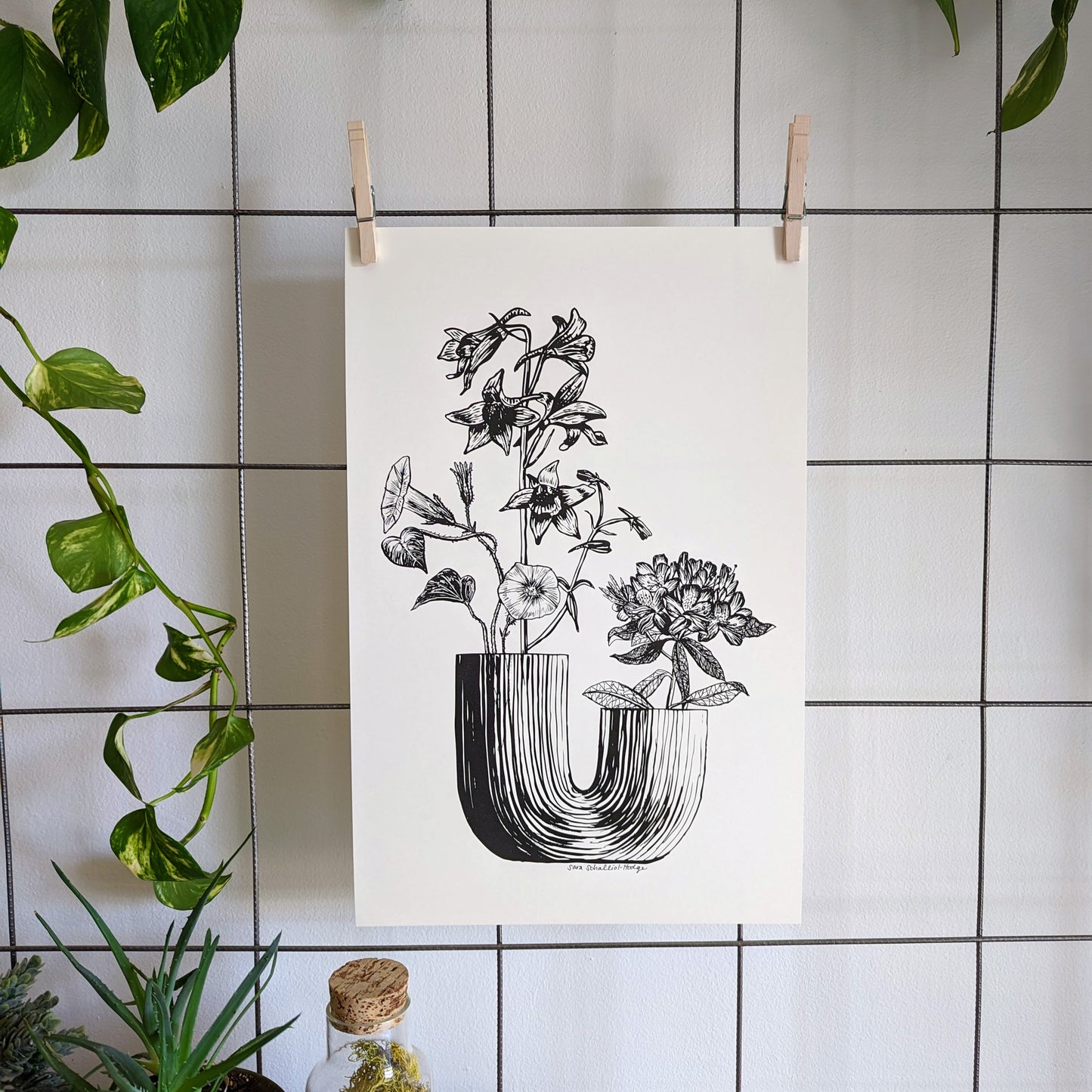 art print | u vase with morning glory, larkspur, & rhododendron