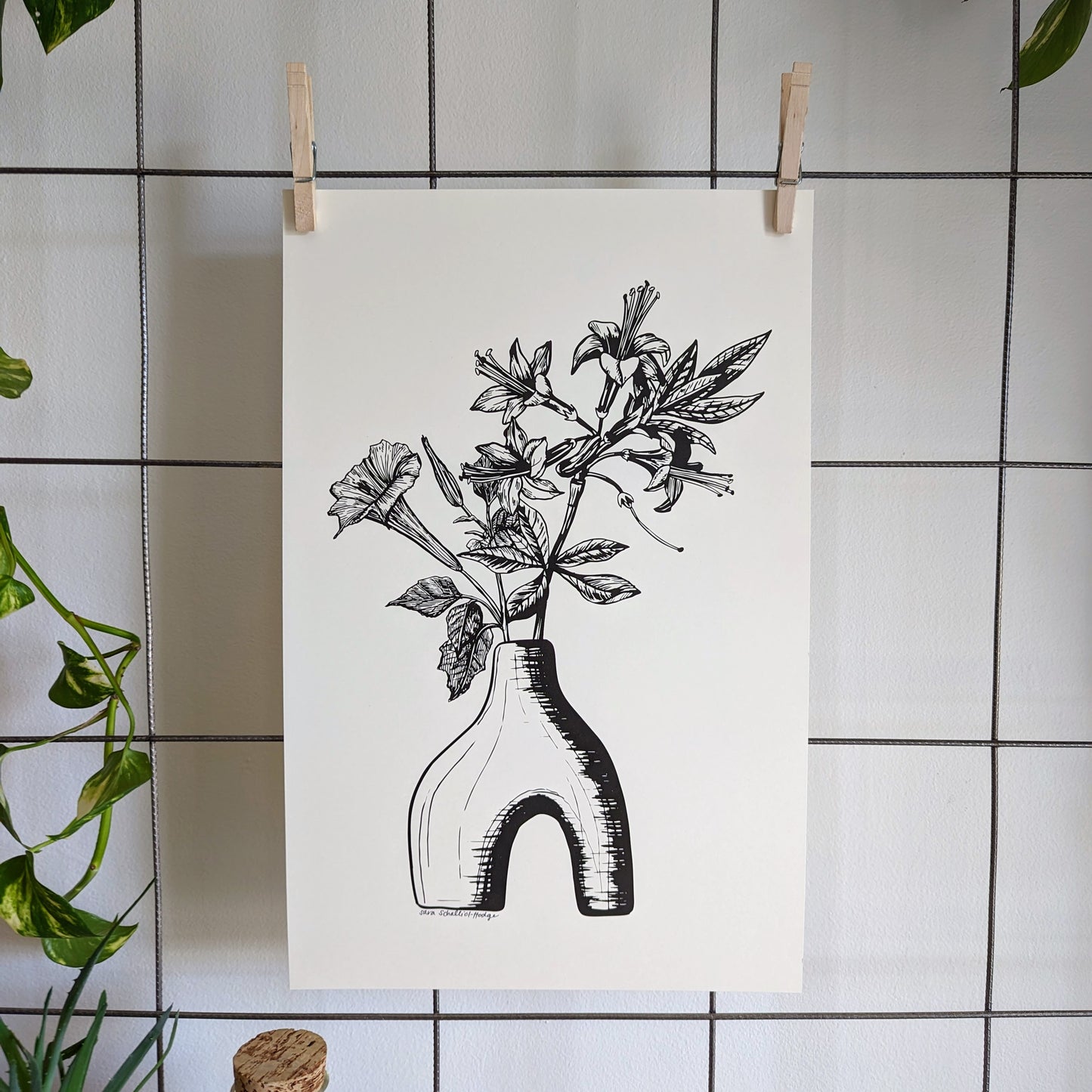 art print | footed vase with angel's trumpet & azalea