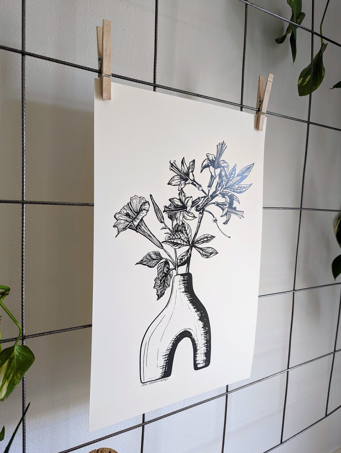 art print | footed vase with angel's trumpet & azalea