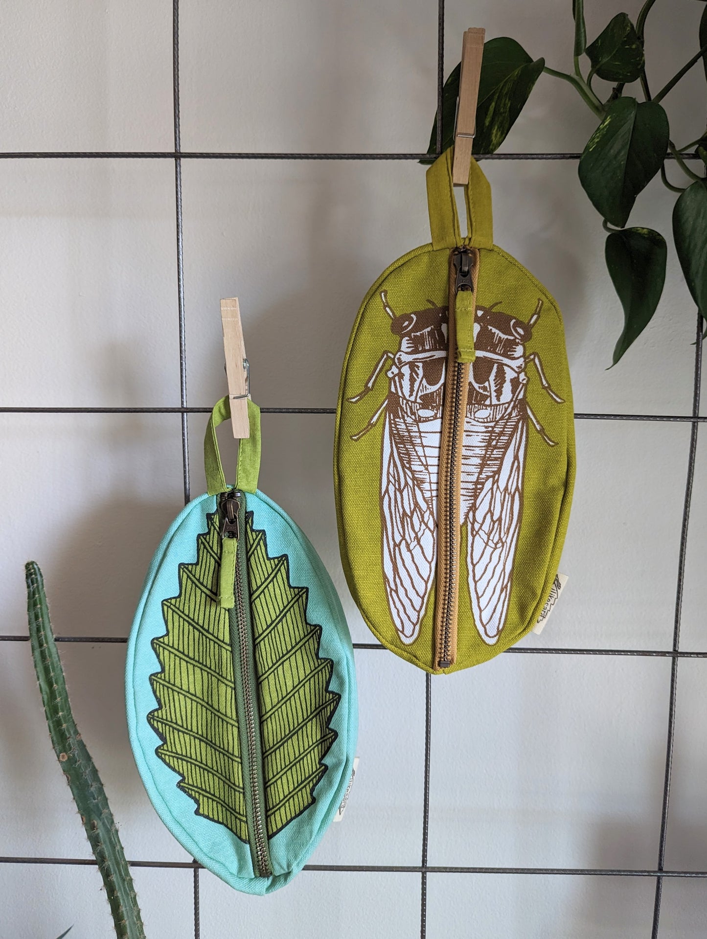 zippered pouch | leaf - green & blue nature pencil, supply, makeup bag with waterproof lining
