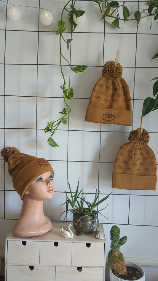 beanie hat | eyeball - orange arcylic knit hat with eye pattern